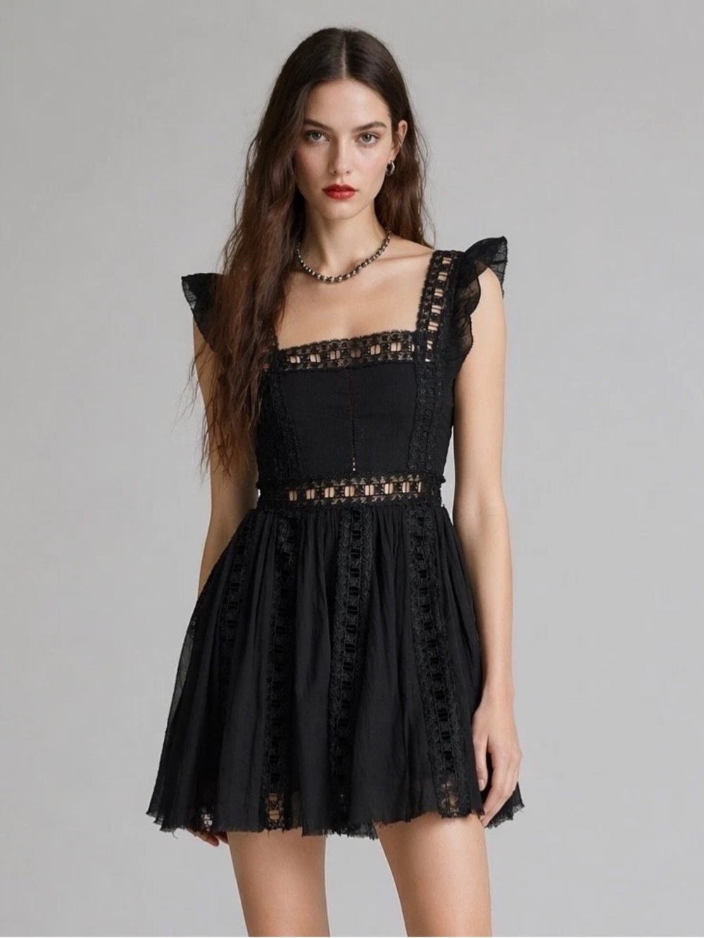 Black Lace-Trim Ruffled Strap Mini Dress